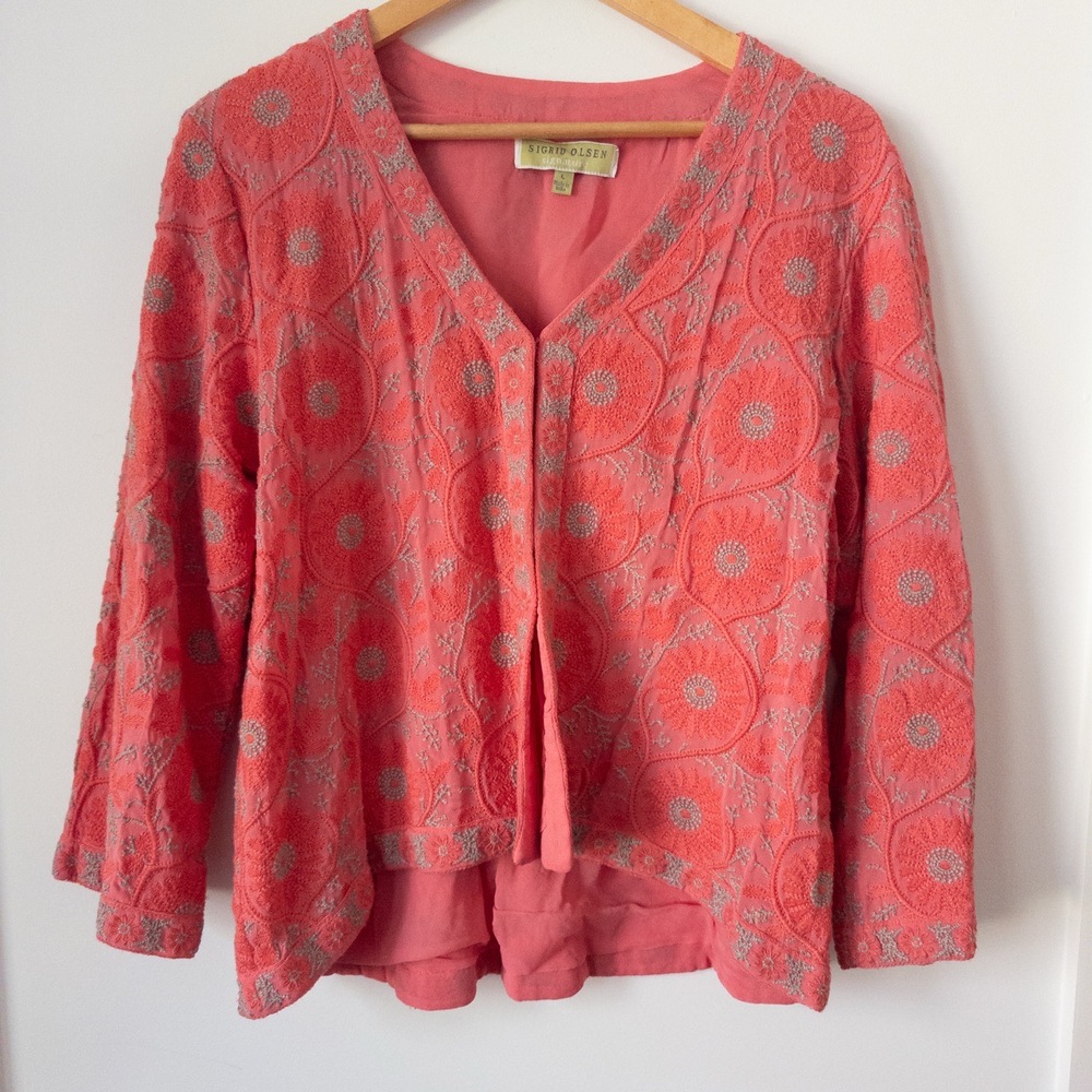 Sigrid Olsen Coral Pink Embroidered‎ Floral Jacket Womens L Boho Art to Wear